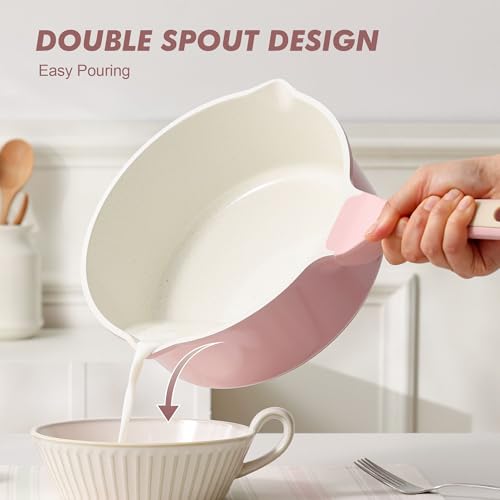 Ceramic Nonstick Saucepan with Double Pouring Spout (Sakura Pink / 3 Quarts)