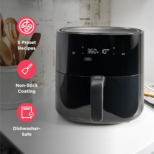 3-in-1 Air Fryer, Large 5.3 QT Capacity, Digital Display, 3 Cooking Modes, 5 Recipe Presets, Automatic Shake Reminder, PFAS-Free Cooking Surfaces, Black (3-1 Air Fryer)