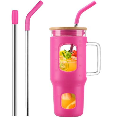 Glass Tumbler with Straw & Lid (Rose Red / 32 Ounces)