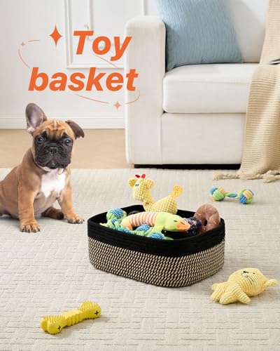 Small Woven Storage Basket for Organizing (Black & Brown / 13.5"L x 9.5"W x 5"H)