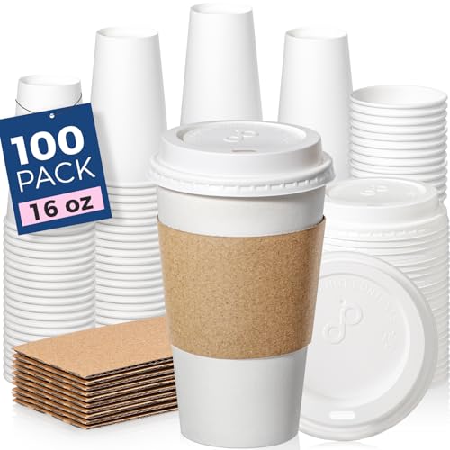 100 Pack 16 oz Disposable Coffee Cups with Lids (16 oz / Classic)