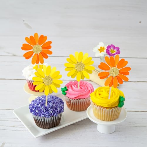 24Pcs Orange Daisy Cupcake Toppers Flower Cake Toppers Daisy Cake Decorations Chrysanthemum Cupcake Toppers Spring Daisy Flower Cake Picks for Birthday Wedding Supplies (24 Count)