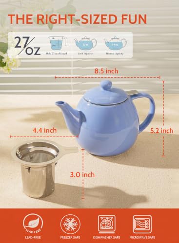 Porcelain Teapot 27 oz with Infuser for Loose Leaf Tea (Dusty Blue / 27oz (with infuser))