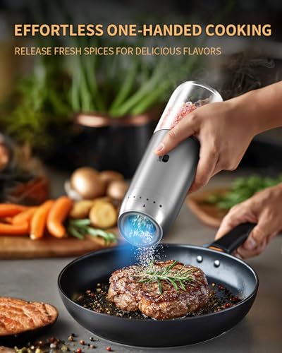 Gravity Electric Salt and Pepper Grinder Set with Rechargeable Base (Stainless Steel)