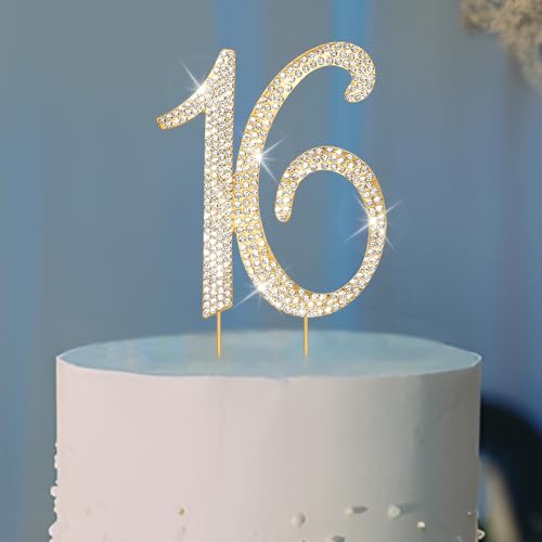 Gold Sweet 16 Cake Topper Rhinestones Birthday Cake Decorations Sweet 16 Party Decorations (16)