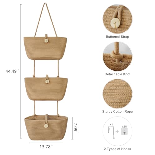 Over the Door Hanging Baskets with Wooden Button (Jute / 3 tier+Wooden Button)