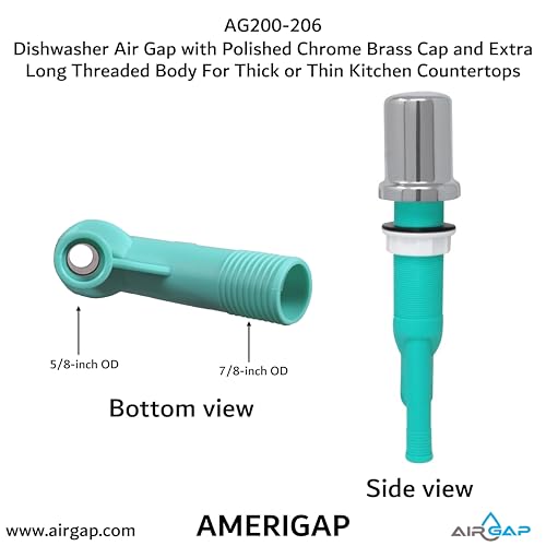 Dishwasher Air Gap with Skirted Polished Chrome Brass Cap and Extra Long Threaded Body for Thick or Thin Kitchen Countertops (AG200-206)