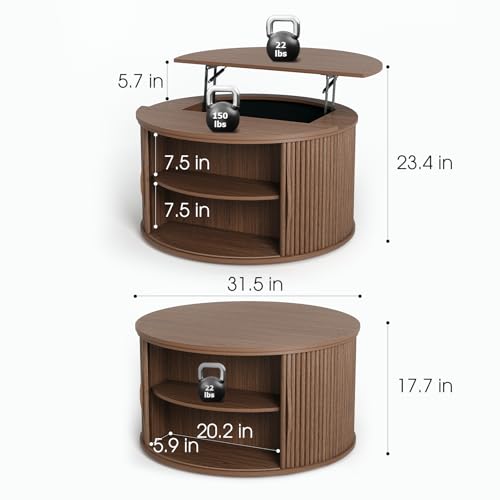 Round Lift Top Coffee Table with Storage (Rustic Walnut)