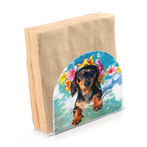 Cute Dachshund Puppy Surfing Napkin Holder for Table Paper Napkins Holder Acrylic Tissue Dispenser Kitchen Dining Room Bathroom Party Car Decor (NH073 / 4.1x4.9x1.97in)