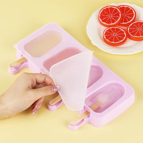 3 Set Violet Popsicles Molds with Lids and 100 Pcs Wooden Popsicles Sticks (Violet / Standard Size)