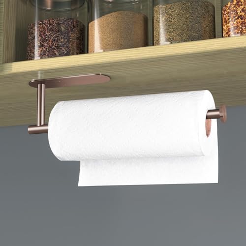 Adhesive Paper Towel Holder Under Cabinet Wall Mount for Kitchen Paper Towel (Rose Gold / 1 Pack)