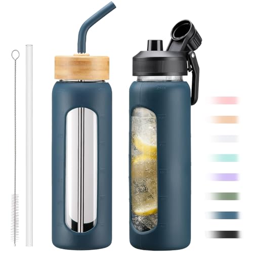 24oz Glass Water Bottle with Straw and 2 Lids (Dark Blue / 24 Ounces)