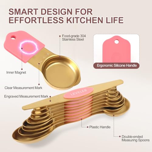 16 Piece Magnetic Measuring Cups & Spoons Set (16-Piece Pink & Gold)