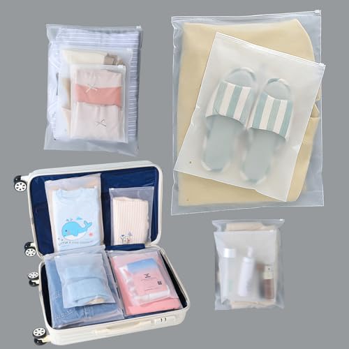 20 pcs, 4 Sizes) Travel Luggage Organizer Bags, 4 Mil Slider Zip Plastic Clothing Packaging Bags, Travel/Home Storage and organizing pouches, Space Saver Bag (6''x9''-14‘’x18'') (20 Count)