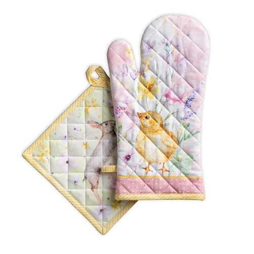 100% Cotton Oven Mitt & Pot Holder Set (095 - Easter Zest / 7.5" x 13" & 8" x 8" (Oven Mitt & Pot Holder))