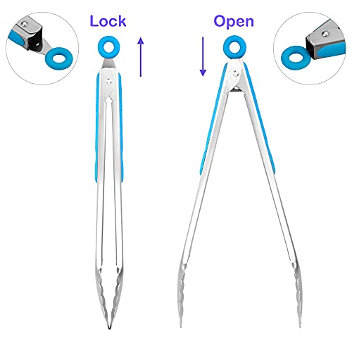 304 Stainless Steel Kitchen Cooking Tongs (12" & 14" / Blue)