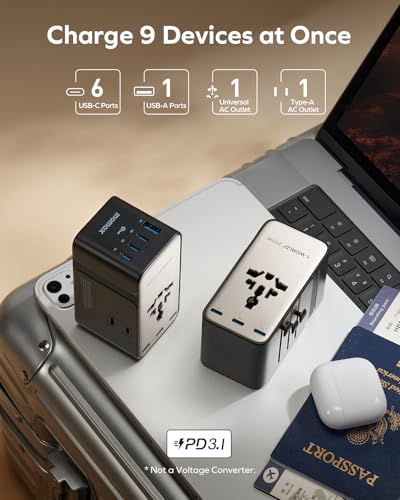 9-in-1 High-Power Universal Travel Adapter, 205W GaN Worldwide Charging Hub with 6 USB-C & 1 USB-A, AC Outlet, Type A/C/G/I Plugs for 200+ Countries, Safe for Laptops, Phones, Cruise Ready (205 W)