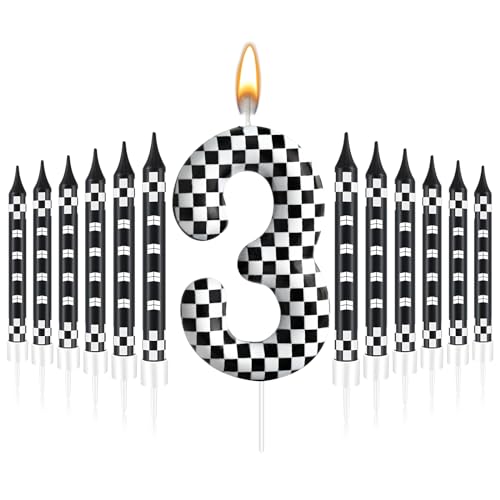 13 Pcs Racing Cars Themed Birthday Candles Black and White Race Number 3 Checkered Candle Cake Topper for Racing Car Party Decoration Supplies (13 Count)