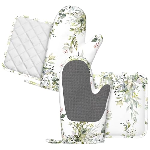 Sage Green Eucalyptus Oven Mitts and Pot Holders Sets Silicone Watercolor Butterfly Leaves Kitchen Mitts Potholders Heat Resistant 4Pcs Oven Gloves Hot Pads for Kitchen Baking Cooking (Green Eucalyptus)