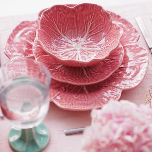 Pink Cabbage Dinner Plate Set of 4 Large Pink Leaf Motif Earthenware Handcrafted Portuguese Tableware Serving Platter Main Course Dining Salad Pasta Entrée Dish Centerpiece 10.4" D (Pink)
