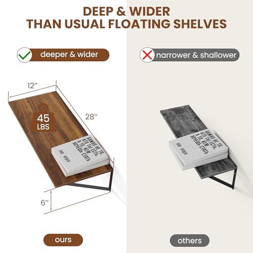 28W x 12D Deep Floating Shelves Set of 2 Walnut (Walnut With Black Metal Bracket / 28Wx12Dx5.8H)
