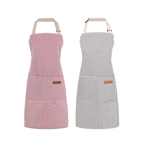 2 Pack Cooking Aprons Adjustable Bib Apron for Women with 2 Pockets (Pink/Beige Stripes)