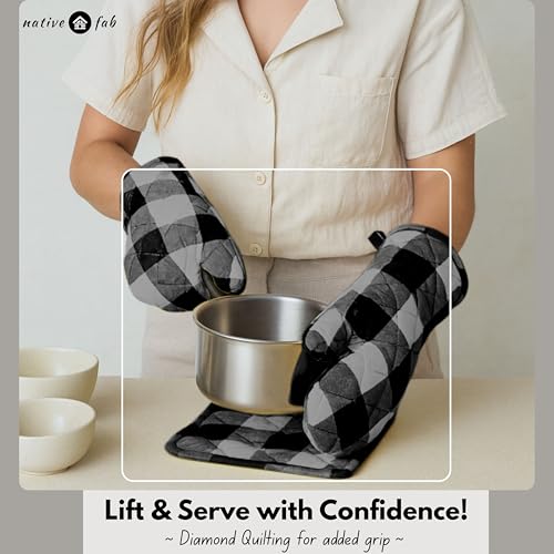 Buffalo Plaid Check Oven Mitts and Pot Holders Set of 4 (Buffalo, Light Grey & Black)