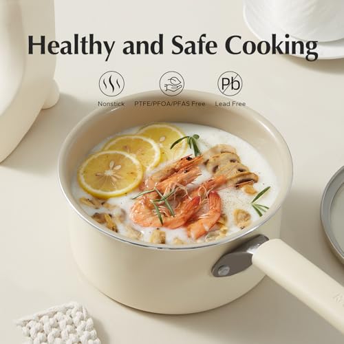 Ceramic Nonstick Saucepan with Lid (3 Quarts / Cream)