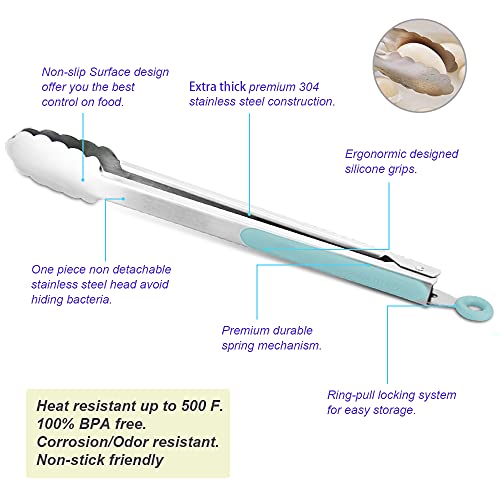 304 Stainless Steel Kitchen Cooking Tongs (14" & 16" / Aqua Sky)