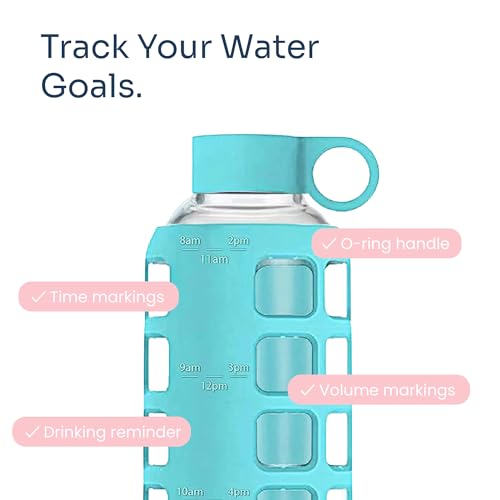40oz / 32oz / 22oz / 12oz Borosilicate Glass Water Bottle with Time & Volume Markers, Silicone Sleeve, Stainless Steel Lid | Reusable Glass Bottle for Water & Juice (22oz Aqua Blue) (Aqua Blue (1 Count) / 22 Ounces)