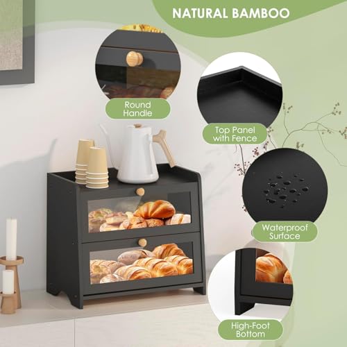 Double Layer Bread Box Container for Kitchen Countertop Homemade Bread (Black / 2 Tier-Large)