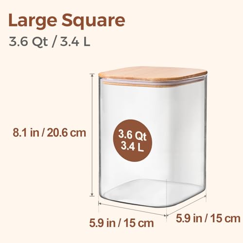 Glass Storage Jars with Bamboo Lids 3.6 Qt 2 Pack Large Wide Mouth (3.6Qt-Square-2 Pack)