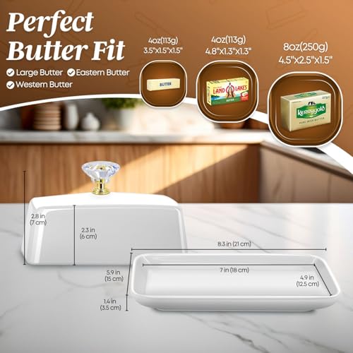 Extra Large Ceramic Butter Dish with Lid & Crystal Handle (White – Crystal Handle / Extra Large)
