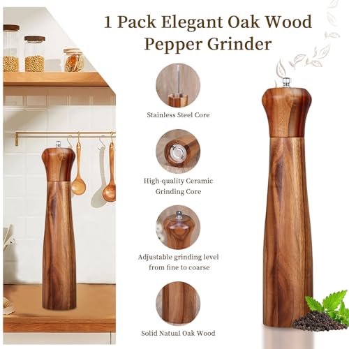 1 Pack 10 Inch tall Acacia Wood Pepper Grinder or Salt Mill Elegant