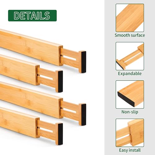 4 Pcs Bamboo Kitchen Drawer Dividers (Natural / 2.4"H, Large)