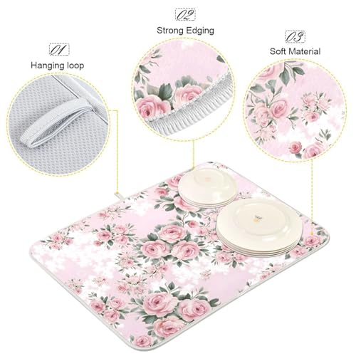 Floral Pink Roses Bouquets Dish Drying Mat for Kitchen Counter Absorbent Microfiber Drying Pad (16" x 18")
