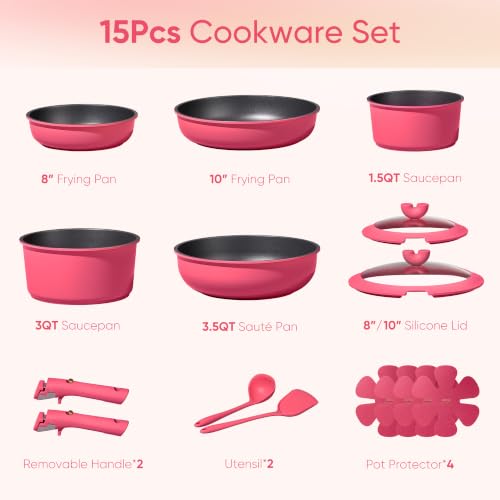 15pcs Pots and Pans Set Non Stick (Dark Pink)