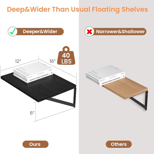 16W x 12D Deep Floating Shelves Set of 2 Black (Black With Black Metal Bracket / 16wx12dx5.8h)