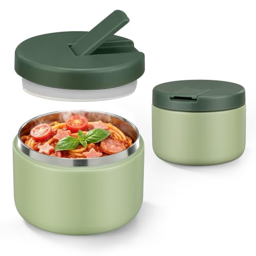 12oz Insulated Vacuum Food Jar with Buckle Lid Wide Mouth Soup Thermo for Hot Food Kids Leakproof Stainless Steel Lunch Container (Green / 12OZ)