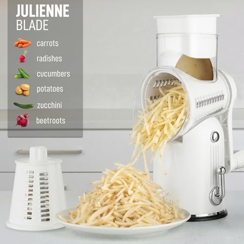 Rotary Cheese Grater Manual Hand Crank 5 Blade Shredder (5 Blades / Classic | White)
