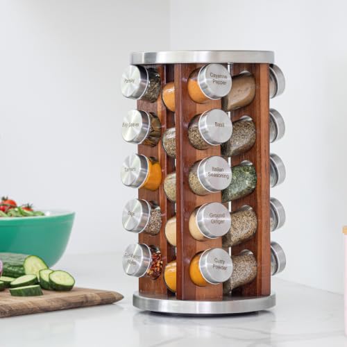 20 Jar Rotating Dark Acacia Wood Spice Rack with Spices Included & 5