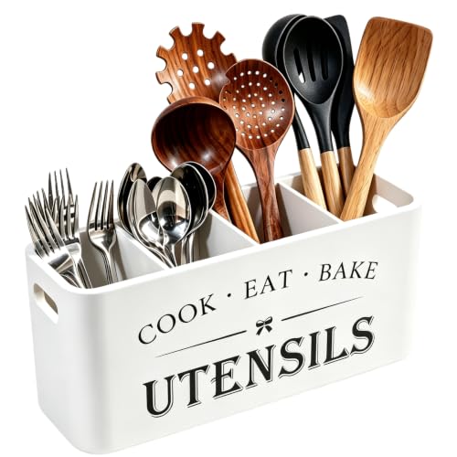 Wooden Kitchen Utensil Holder Organizer for Counter or Countertop (white / 4 Compartment)