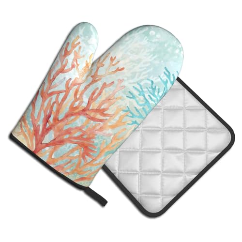 Coastal Coral Oven Mitts and Pot Holder Set of 2 Beach Ocean Heat Resistant Kitchen Oven Mittens Potholders for Baking Cooking Grilling BBQ (Coastal Coral)