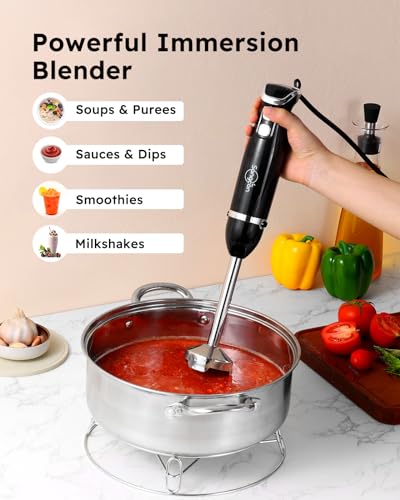 5-in-1 Immersion Blender Handheld with 1000ml Cup, 2-Speed Adjustable Hand Blender with 304 Stainless Blades, Detachable Whisk and Milk Frother