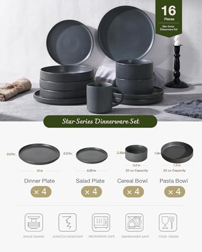 Star Stoneware Dinnerware Sets with Pasta Bowls (Matte Dark Charcoal)