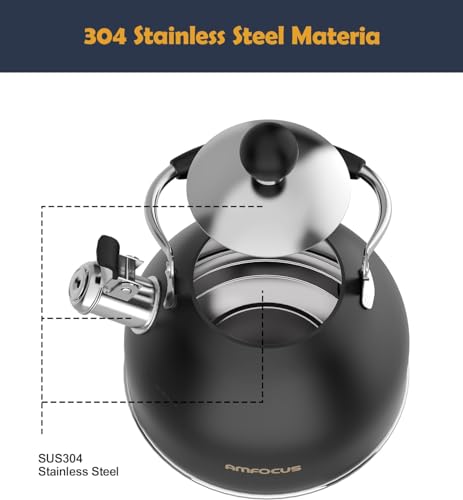 Tea Kettle 2 Quart Stainless Steel Whistling Tea Kettle (Black)