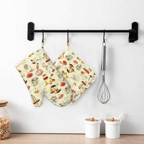 Mushroom Oven Mitts and Pot Holders Sets Silicone Vintage Mushrooms Kitchen Mitts Potholders Heat Resistant 4Pcs Oven Gloves Hot Pads for Kitchen Baking Cooking BBQ Grilling (Mushroom)