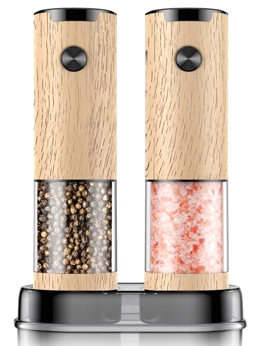 Electric Salt and Pepper Grinder Set Automatic Battery Pepper Mill Shakers Adjustable Coarseness Upgraded Larger Capacity with Led Home and Kitchen Appliances Birthday Gifts for Women Mom (Wood Grain)