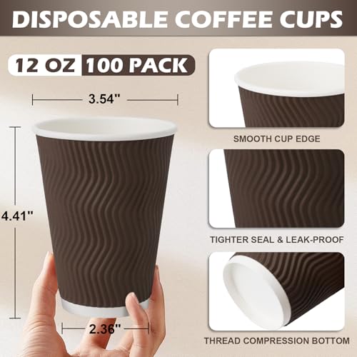 100 Pack 12 oz Disposable Paper Coffee Cups Insulated Brown (Brown / 12 oz)