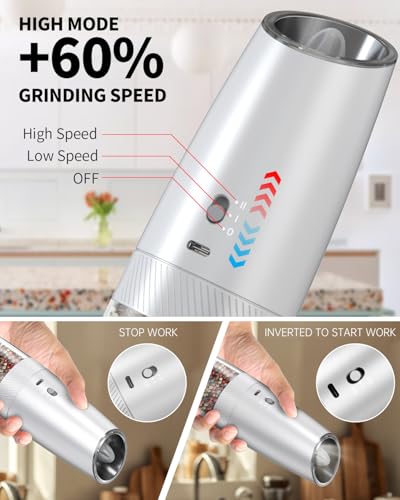Gravity Electric Salt and Pepper Grinder Set with 2 (Rechargeable / Silver Variable Speeds)